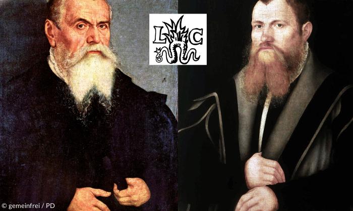 Lucas Cranach d.Ä. 1550 (Uffizien, Florenz) und vermeintliches Porträt Lucas Cranach d.J. (Nationalmuseum Warschau) mit dem Logo der Cranach-Werkstatt.