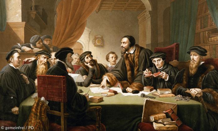 Calvin leitet ein Kolloquium in Genf (1549).