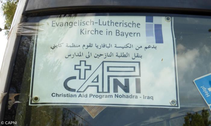 Schulbus des von der evangelisch-lutherischen Kirche in Bayern unterstützten Christlichen Hilfsprogramms Nohadra im Irak.
