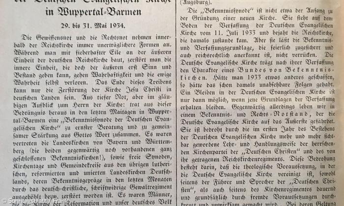 Der »Barmen«-Text von Pfarrer Wilhelm Bogner im Gemeindeblatt für den Donaugau (Regensburg/Ostbayern), Nr. 6 vom Juni 1934 (Teil 1).