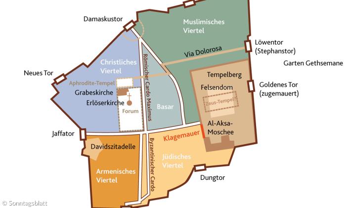 Die Spuren von Aelia Capitolina: schematischer Plan der Altstadt Jerusalems.