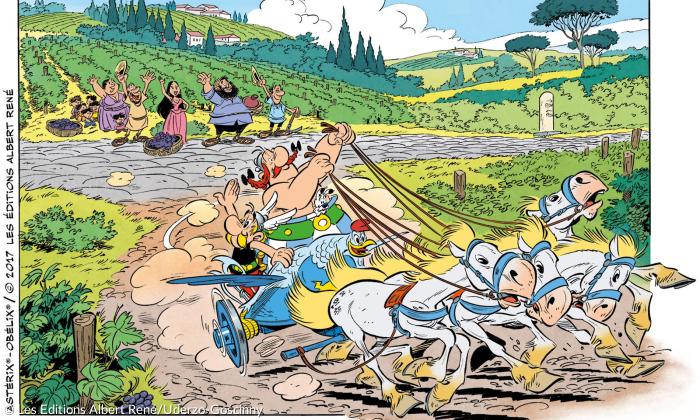 Asterix und Obelix auf einem Wagen