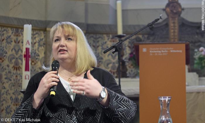 Anette Schultner, Sprecherin der »Christen in der AfD«, beim Kirchentag 2017 in der Berliner Sophienkirche.