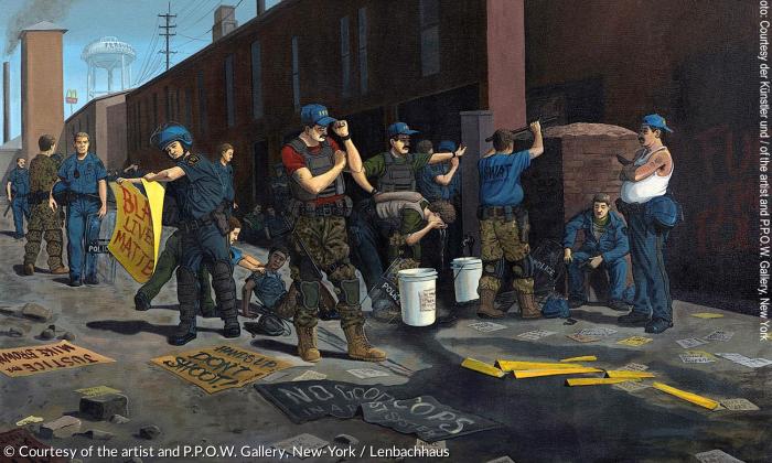 Sandow Birk: Standing Down (Ferguson) [Rückzug (Ferguson)], 2016, Acryl auf Leinwand.