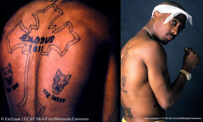 Exodus und Rebellion: Kreuz-Tattoo auf dem Rücken von Tupac Shakur mit der Inschrift »Exodus 1831«.