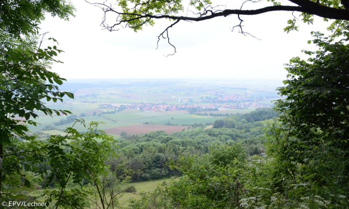 Blick vom Hesselberg durchs Geäst aufs Tal