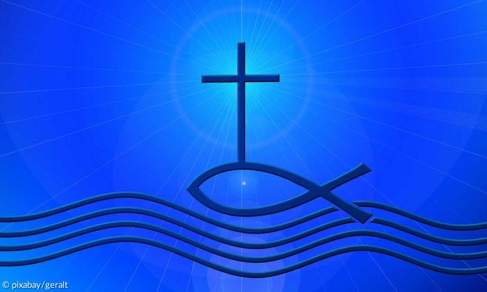 christliche Taufsymbole - Fisch, Wasser, Kreuz