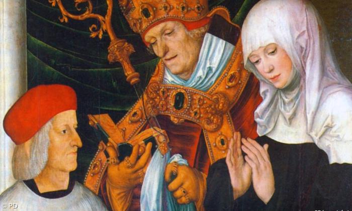 Palästina-Pilger und Bayern-Missionar des 8. Jahrhunderts: Willibald von Eichstätt (Mitte) auf einem Gemälde von Lukas Cranach der Ältere mit der Heiligen Walburga, verehrt vom Eichstätter Fürstbischof Gabriel von Eyb (links unten), 1520, Sammlung der Museen der Stadt Bamberg in der Neuen Residenz in Bamberg.