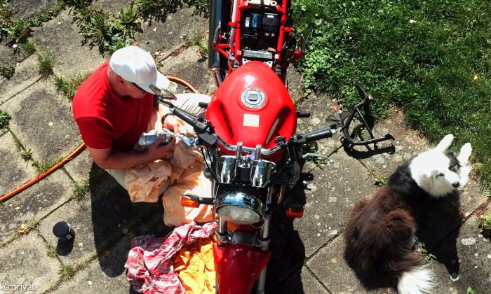 »Zen und die Kunst ein Motorrad zu warten« auf evangelisch: der Regensburger Pfarrer Manfred Müller mit seiner »roten Suzi«. Und mit Hund.