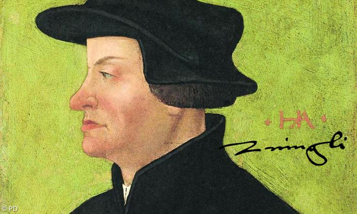 Porträt Ulrich Zwinglis von Hans Asper, um 1531 (mit hinzumontierter Unterschrift des Reformators).