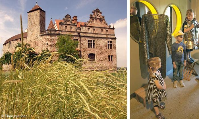 »Kinderführer« Maximilian Keck mit Lea, Florian und Jakob in der Ausstellung der Burg Cadolzburg bei Fürth.