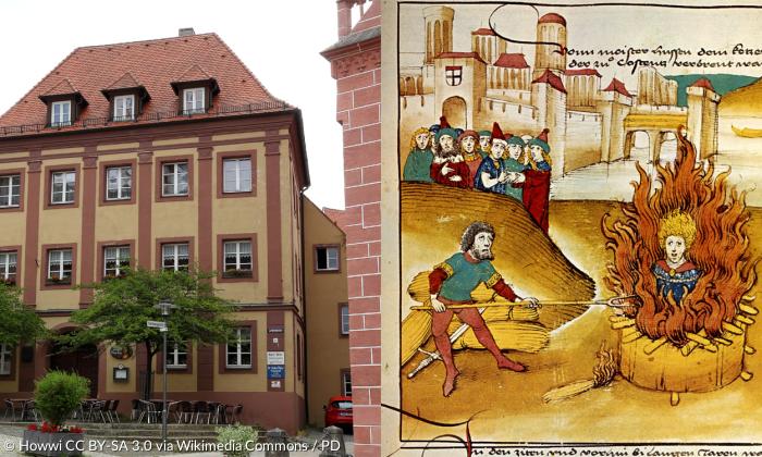 Am Haus Luitpoldplatz 24 in Sulzbach erinnert eine Tafel an Jan Hus, der hier im Oktober 1414 im Wirtshaus »Zum roten Krebs« übernachtete. Rechts die Verbrennung des Jan Hus auf dem Konstanzer Konzil im Juli 1415 (Buchmalerei aus der Spiezer Chronik, um 1485, Kanton Bern).