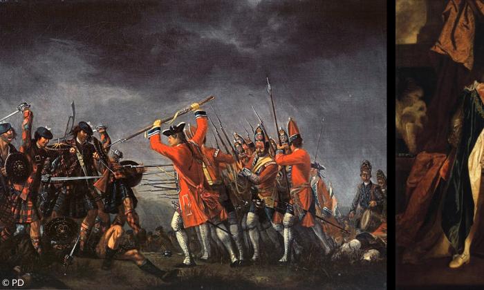 Die Schlacht von Culloden, Gemälde von David Morier, 1746. Rechts Wilhelm August, Herzog von Cumberland (Gemälde von Joshua Reynolds, 1758).