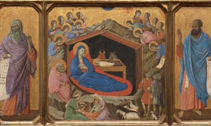 Duccio di Buoninsegna (1255-1319): Christgeburt mit den Propheten Jesaja und Hesekiel.