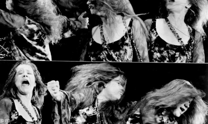 Janis Joplin bei einem Auftritt 1969 (Collage)