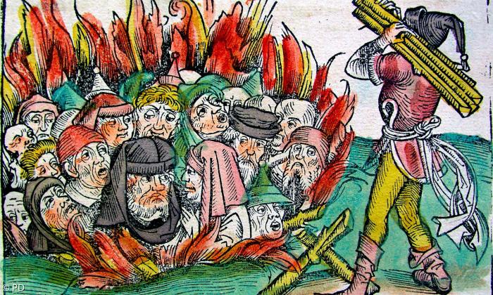 Judenverbrennung nach angeblicher Hostienschändung in Deggendorf: Illustration aus der Nürnberger Weltchronik des Hartmann Schedel (Michael Wolgemut / Wilhelm Pleydenwurff, 1493).