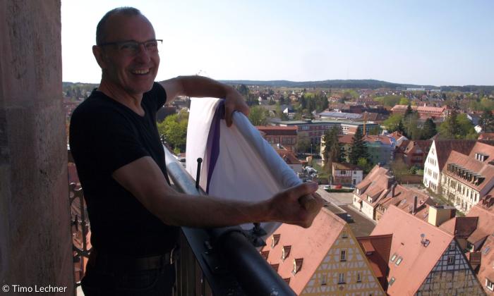 Klaus Trinks auf dem Schwabacher Kirchturm