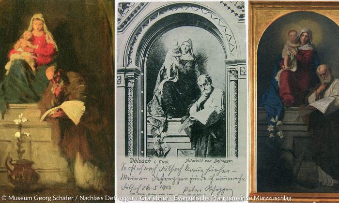 Drei Altarbilder mit Heiliger Familie: links Defreggers Ölskizze  (Museum Georg Schäfer) für sein Bild in der Pfarrkirche Dölsach (in der Mitte auf einer Postkarte), rechts die Kopie, die Emil Böhm nach Defreggers Bild und Roseggers Wunsch für die evangelische Heilandskirche in Mürzzuschlag anfertigte.