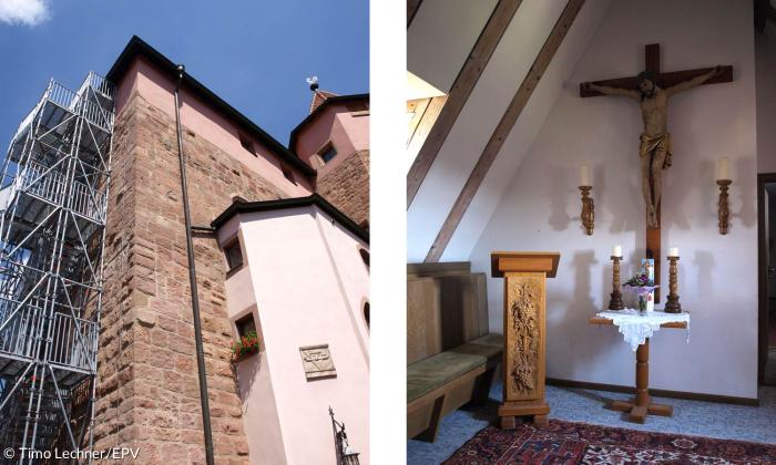Der älteste Teil der Burg Wernfels (links). Rechts: die Kapelle 