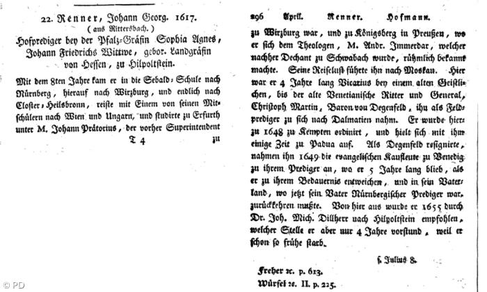 Johann Georg Renner aus Rittersbach: Eintrag im »Geburts- und Todten-Almanach Ansbachischer Gelehrten, Schriftsteller und Künstler aus dem Jahr 1796.