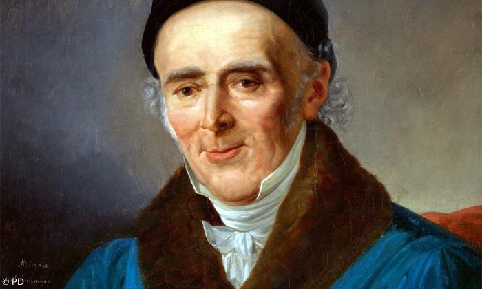Samuel Hahnemann (1755-1843) auf einem Porträt seiner zweiten Frau Marie Mélanie d’Hervilly Gohier Hahnemann (1800-1878) aus dem Jahr 1838.
