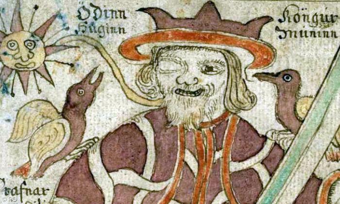 Der einäuigige Odin mit den Raben Hugin und Munin - Nordische Illustration aus dem 18. Jahrhundert.