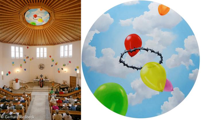 Gerhard Rießbeck, Luftballons mit Dornenkrone, Einweihungsgottesdienst der Installation in der Christuskirche Ebern.