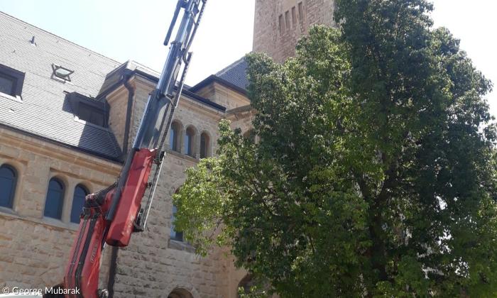 Der eingerüstete Turm während der Arbeiten