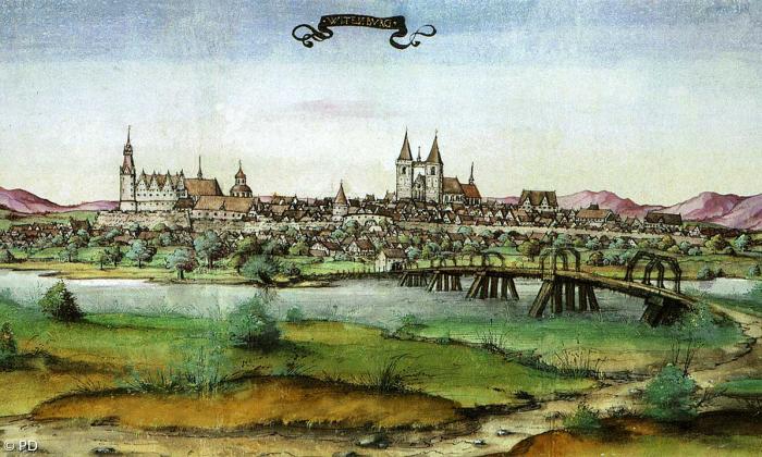 Witttenberg - Stadtansicht aus dem Reisealbum des Pfalzgrafen Ottheinrich 1536.