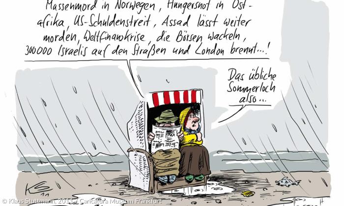 Caricatura 2020 - Klaus Stuttmann, 2011 - Massenmord in Norwegen, Hungersnot in Ostafrika, US-Schuldenstreit, Assad lässt weiter morden, Weltfinanzkrise, die Börsen wackeln und London brennt... - Das übliche Sommerloch also.