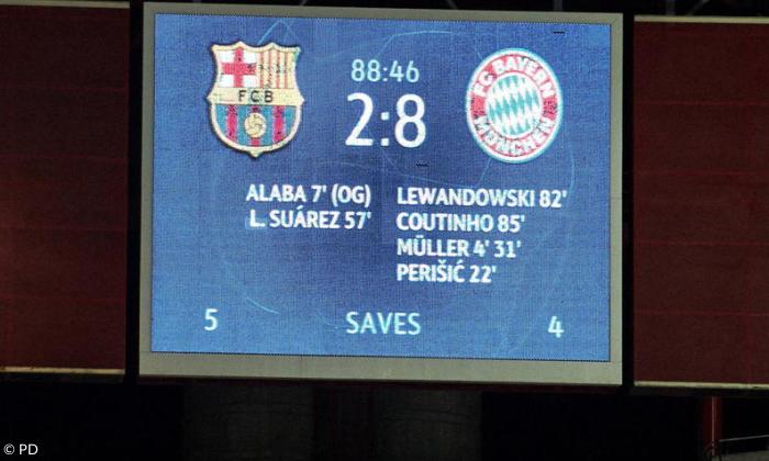FCB gegen FCB im Viertelfinale des Champions-League-Turniers 2020 in Lissabon. Das Ergebnis: eine historische 2:8-Niederlage für Barcelona, ein historischer 8:2-Sieg für den FC Bayern.