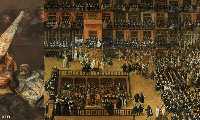 Francisco Goya - Angeklagter der Inquisition im Sambenito und mit Carocha | Francisco Rizi, Autodafé auf der Plaza Mayor in Madrid am 30. Juni 1680 (1683).