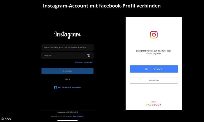 Screenshot Instagram Account mit facebook Profil verknüpfen