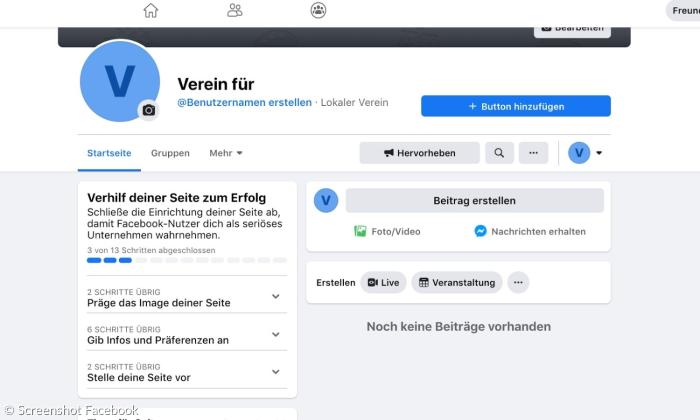Ein Beispiel für eine neu erstellte Facebook-Seite