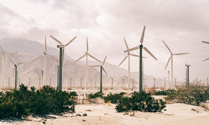 Windräder in einer kargen Landschaft