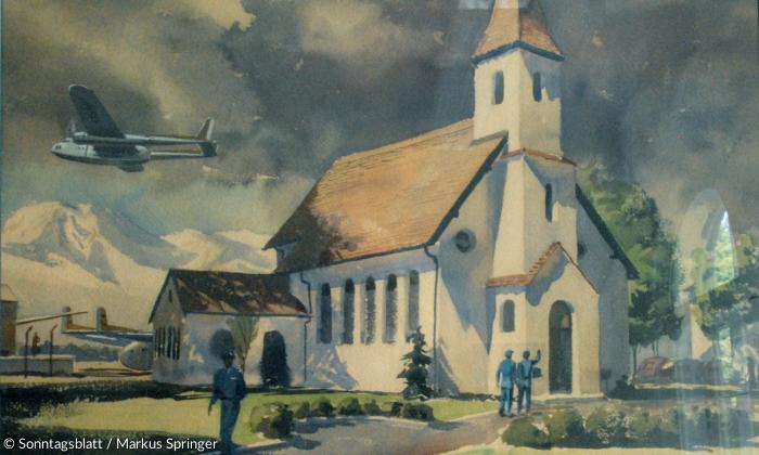 "The Air Force Chapel Neubiberg, Germany, June 1954", Aquarell von John Pike: Das Original befindet sich in der Kunstsammlung der US Air Force im Pentagon in Washington, die Kopie im Sprechzimmer des evangelischen Standortpfarrers Neubiberg. 