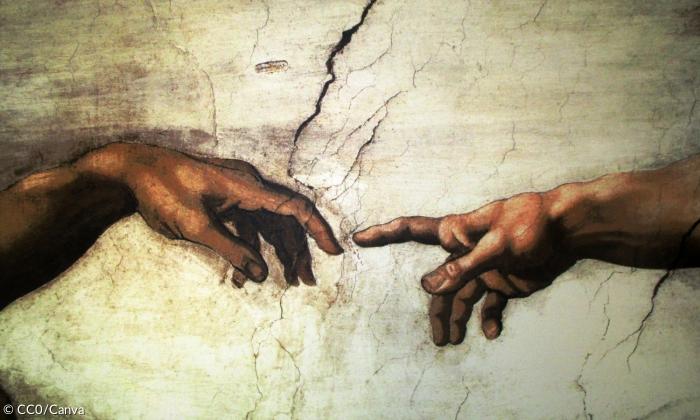 Ausschnitt aus Michelangelos Bild von Gott, der Adams Finger berührt