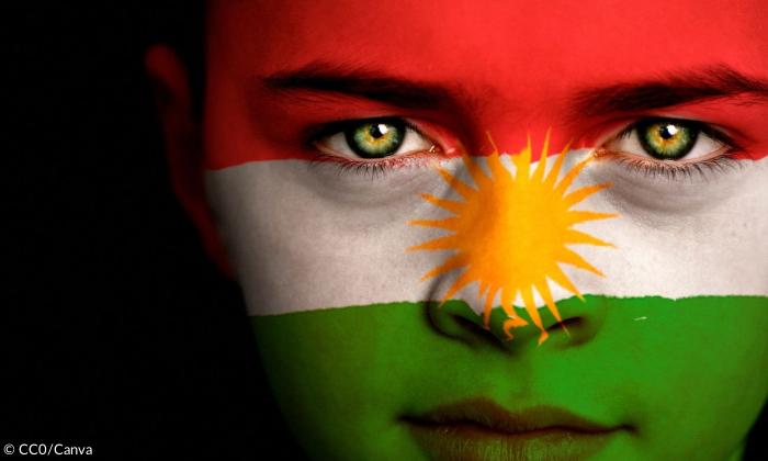 Ein Kindergesicht mit der kurdischen Flagge