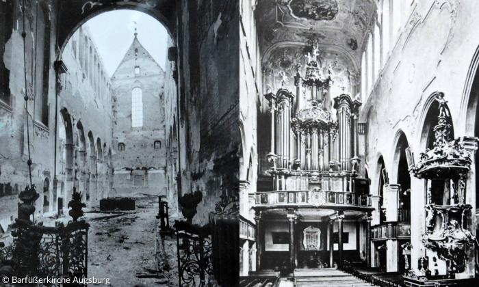 Barfüßerkirche Augsburg: das kriegszerstörte Kirchenschiff und die 1944 verbrannte barocke Stein-Orgel