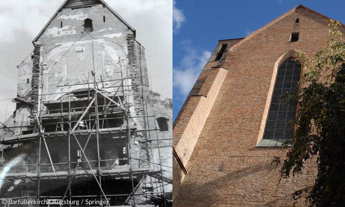 Barfüßerkirche Augsburg: Die Rückwand des Ostchors - Wiederaufbau 1948/49 und heute