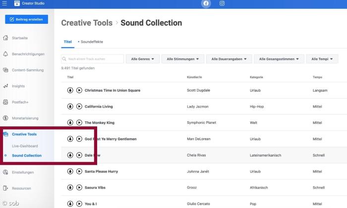 Das Creator Studio mit der facebook Sound Collection