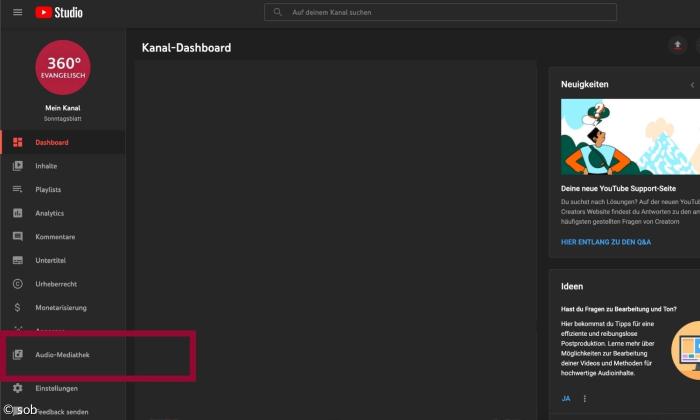 Das Youtube Studio. In der linken Spalte ist um den Punkt "Audio Mediathek" ein roter Balken.