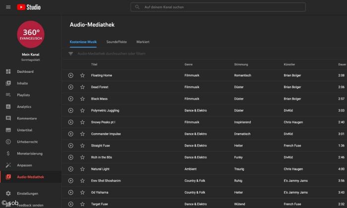 Die Audio-Mediathek im Youtube Studio.