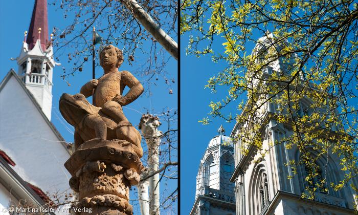Zürich: Frosc hauer-Brunnen und Grossmünster im Frühjahr.