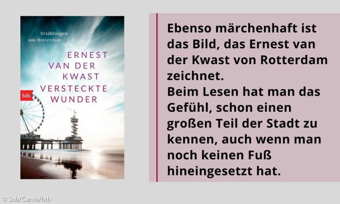 Das Buchcover von Versteckte Wunder. Darauf ist ein Peer im Meer zu sehen. Links ein Riesenrad. Mit dem Text: Ebenso märchenhaft ist das Bild, das Ernest van der Kwast von Rotterdam zeichnet. Beim Lesen hat man das Gefühl, schon einen großen Teil der Stadt zu kennen, auch wenn man noch keinen Fuß hineingesetzt hat.