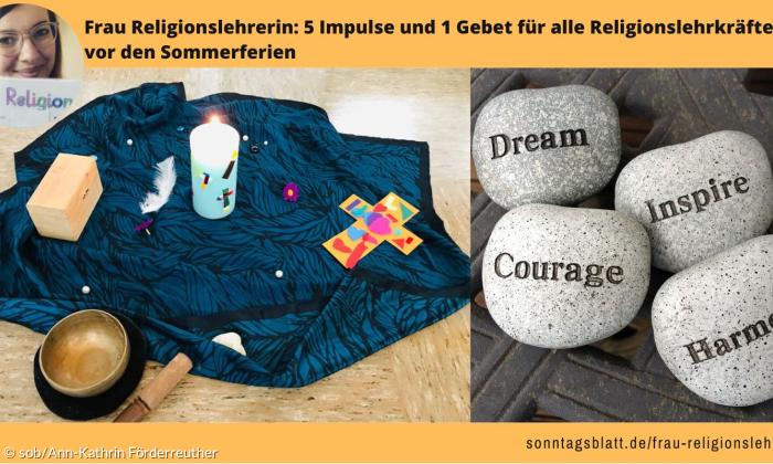 Links eine Decke, auf der eine Kerze, ein Kreuz und andere Gegenstände liegen. Rechts Steine, die mit "Dream" und "Inspire" beschriftet sind.