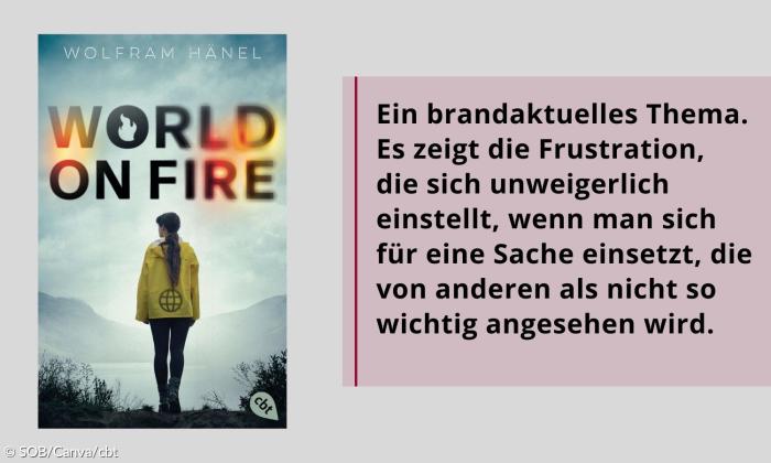 Das Buchcover von World of fire: EIn Mädchen in einem gelben Regenmantel, die vor einer nebeligen Landschaft steht. Sie steht mit dem Rücken zu uns Man sieht ihre braunen Haare, die zu einem lockeren Zopf gebunden sind. Rechts davon der Text: "Ein brandaktuelles Thema. Es zeigt die Frustration, die sich unweigerlich einstellt, wenn man sich für eine Sache einsetzt, die von anderen als nicht so wichtig angesehen wird."