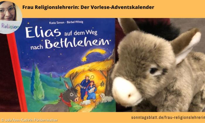 Ein Buch "Elias auf dem Weg nach Bethlehem" mit einem Plüschesel