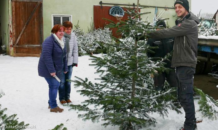 Ein Mann hält eine im Schneestehende Tanne am Stamm fest. Links nebem dem Baum stehen zwei Frauen.