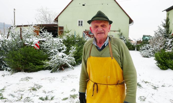 Ein alter Mann mit grünem Hut und hellgrünem Pullover schaut in die Kamera. Er trägt eine gelbe Schürze. Hinter sieht man im schneebedeckten Hof mehrere Christbäume.